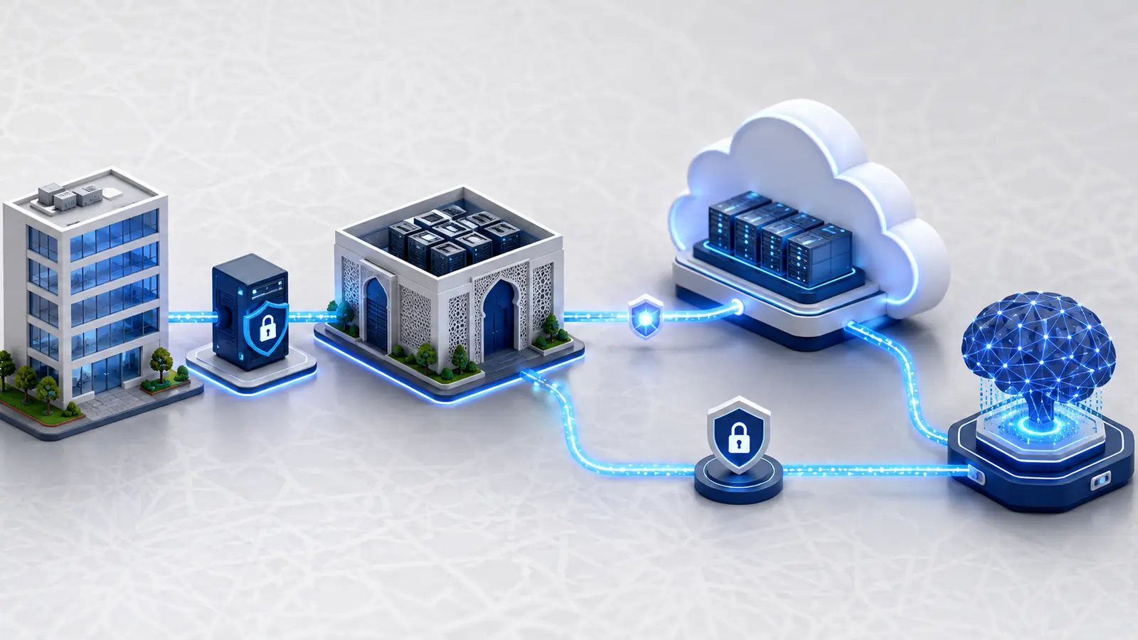 Architecture visuelle reliant entreprise, serveur privé, data center marocain, cloud et intelligence artificielle