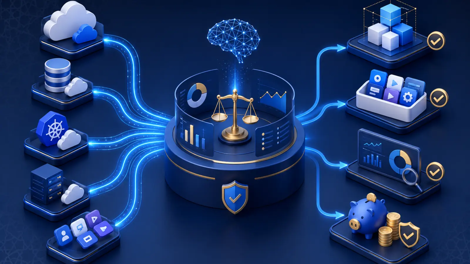 Flux de services cloud et IA entrant dans un dispositif de gouvernance puis ressortant sous forme d'outils consolidés et de coûts optimisés