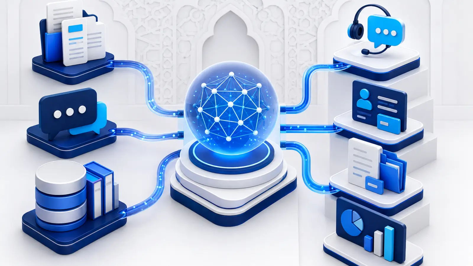 Flux reliant documents, conversations et données ERP à un moteur IA puis au support, CRM et reporting
