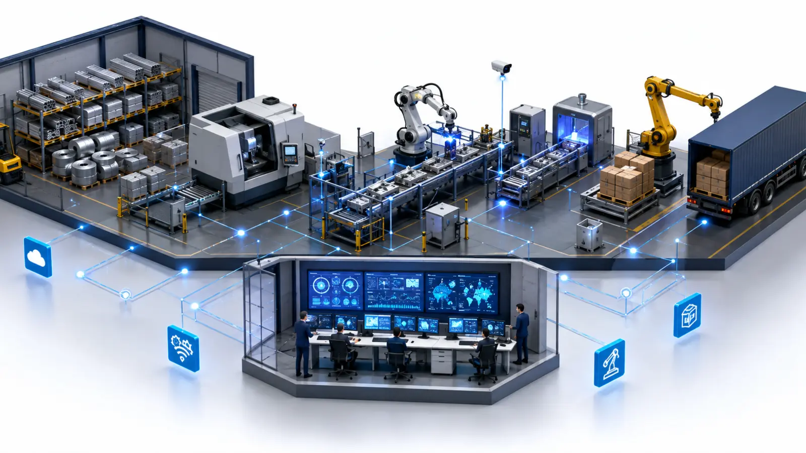 Usine intelligente reliant matières premières, production, contrôle qualité, maintenance, ERP et livraison